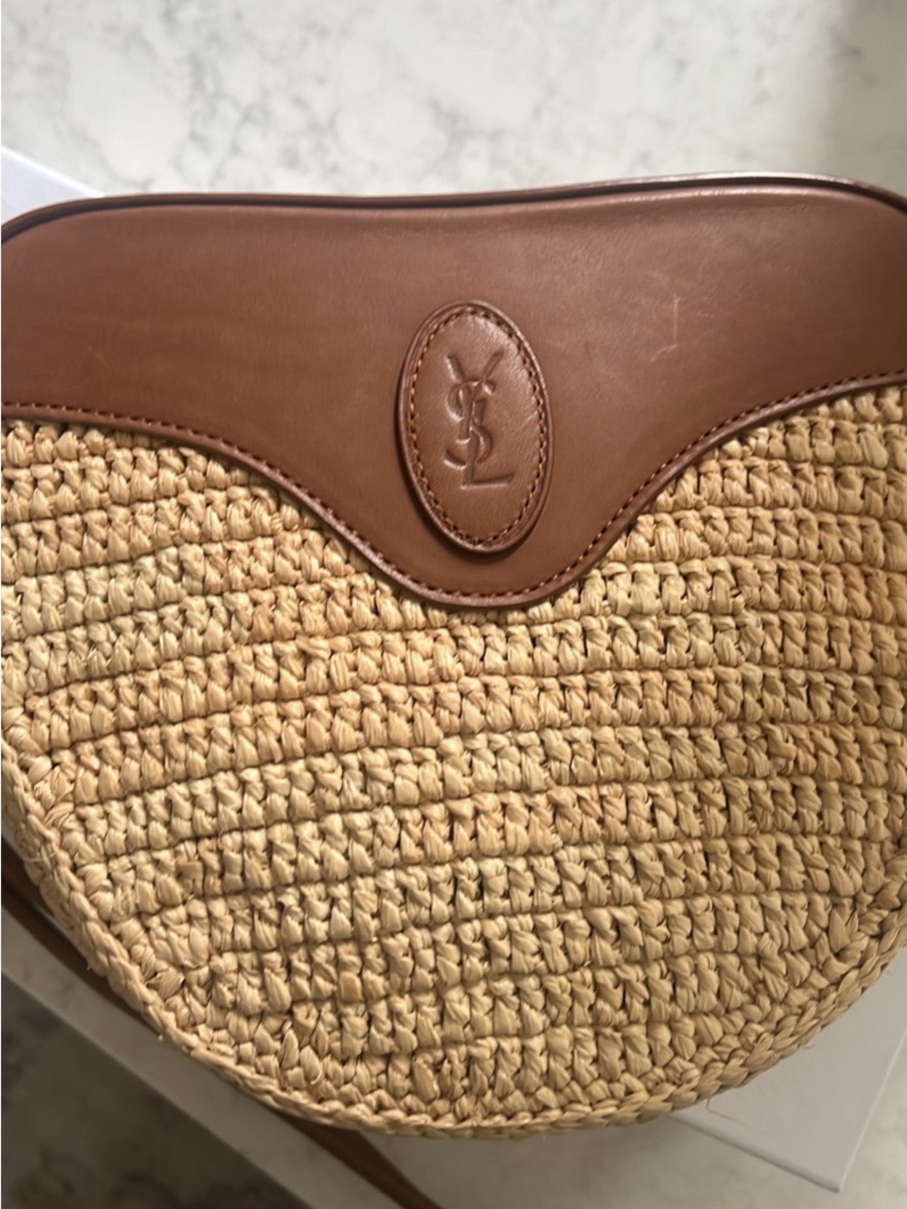 Saint Laurent Tan Leather and Natural Straw Crossbody Saddle Bag - Picture 2 of 4